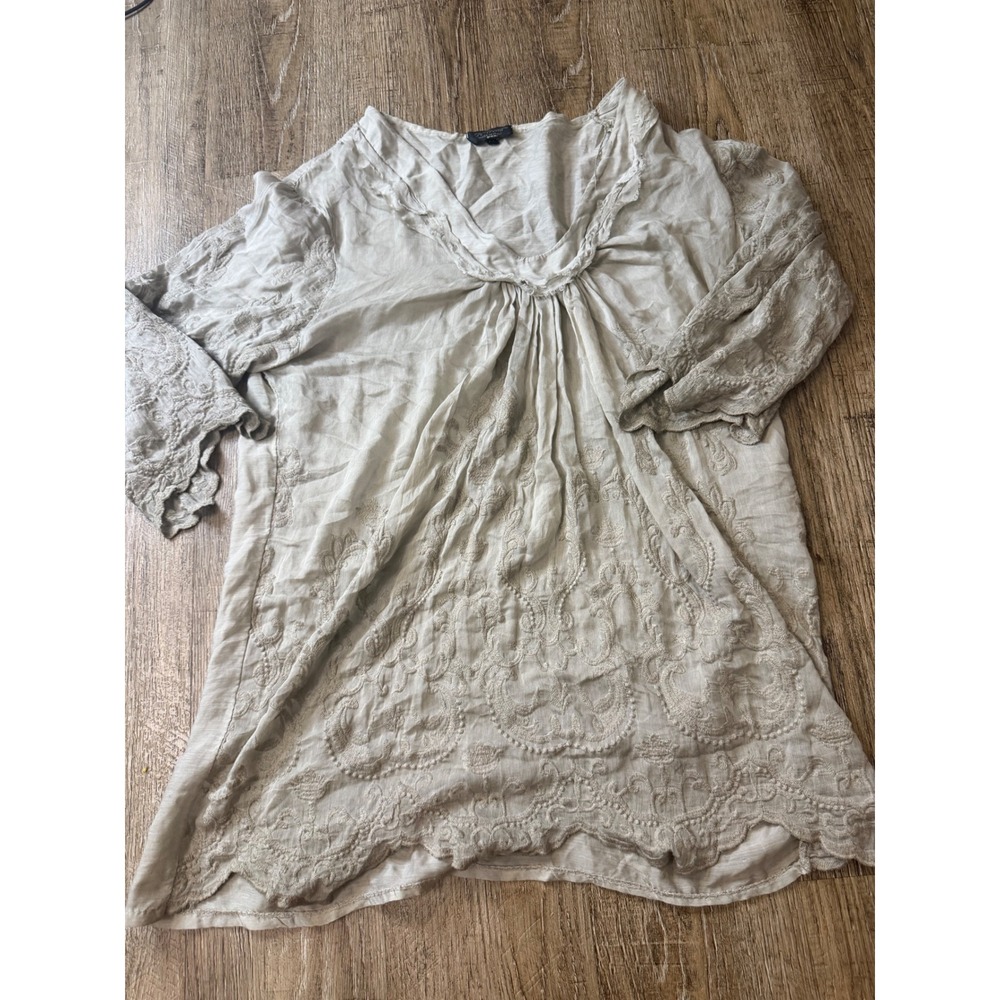 H Trend Made in Italy Embroidered Linen Tunic Top Beige Boho Coastal Size M